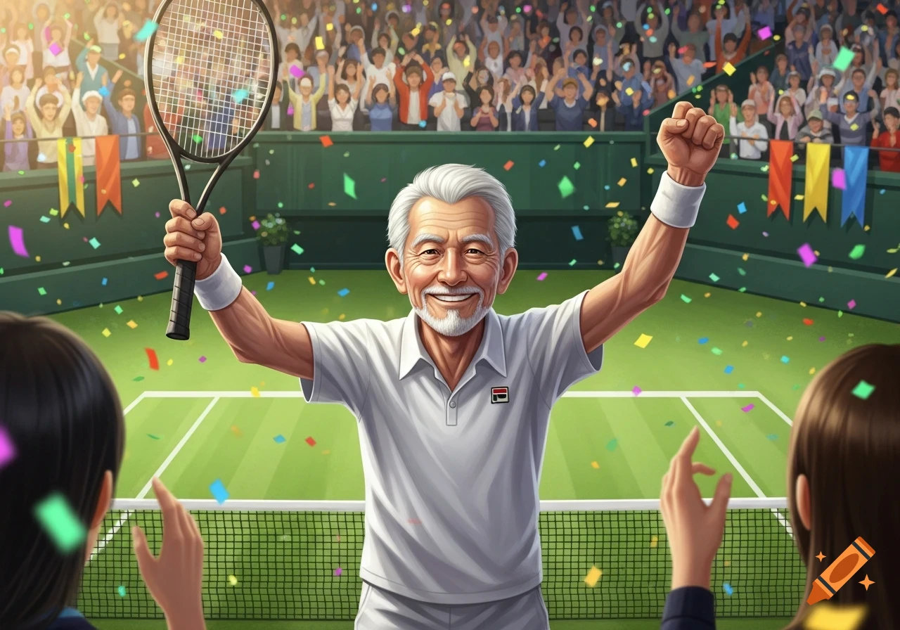 An elderly male tennis player in a white uniform celebrates with a racket and raised fist on a court, confetti falling around him and a cheering crowd in the background.