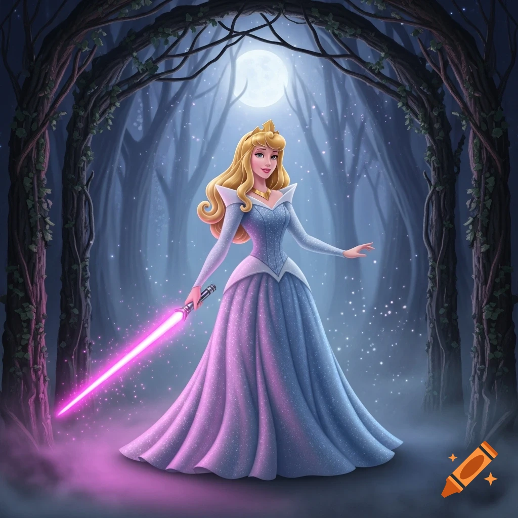 Princess Aurora in a blue gown holds a glowing pink lightsaber in a mystical, dark forest under a full moon.