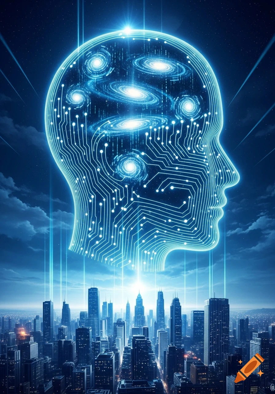 A glowing blue, circuit board human head, filled with galaxies, floats above a futuristic cityscape at night.