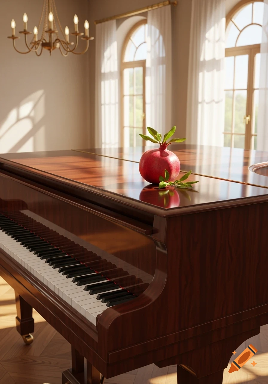 A photorealistic grand piano with a pomegranate on its polished surface, in a bright room with arched windows and a chandelier.
