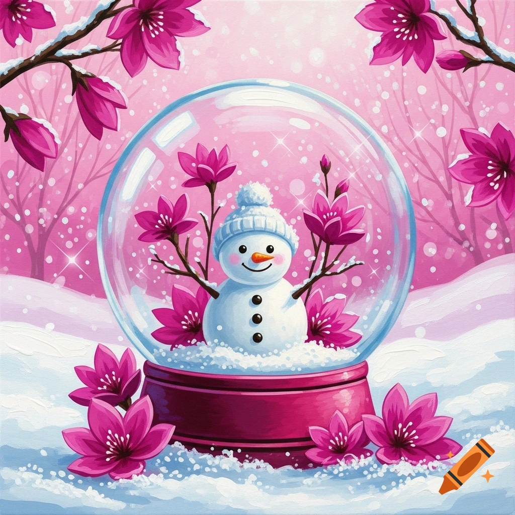 Acrylic painting of a snowman in a snow globe, surrounded by magenta snow flowers and falling snow, with a pink background.