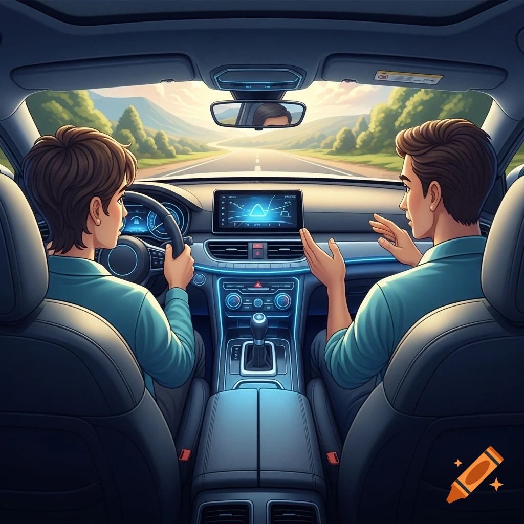 Two cartoon men in a car, one driving and the other gesturing, on a winding road with mountains in the background, in an illustrative style.
