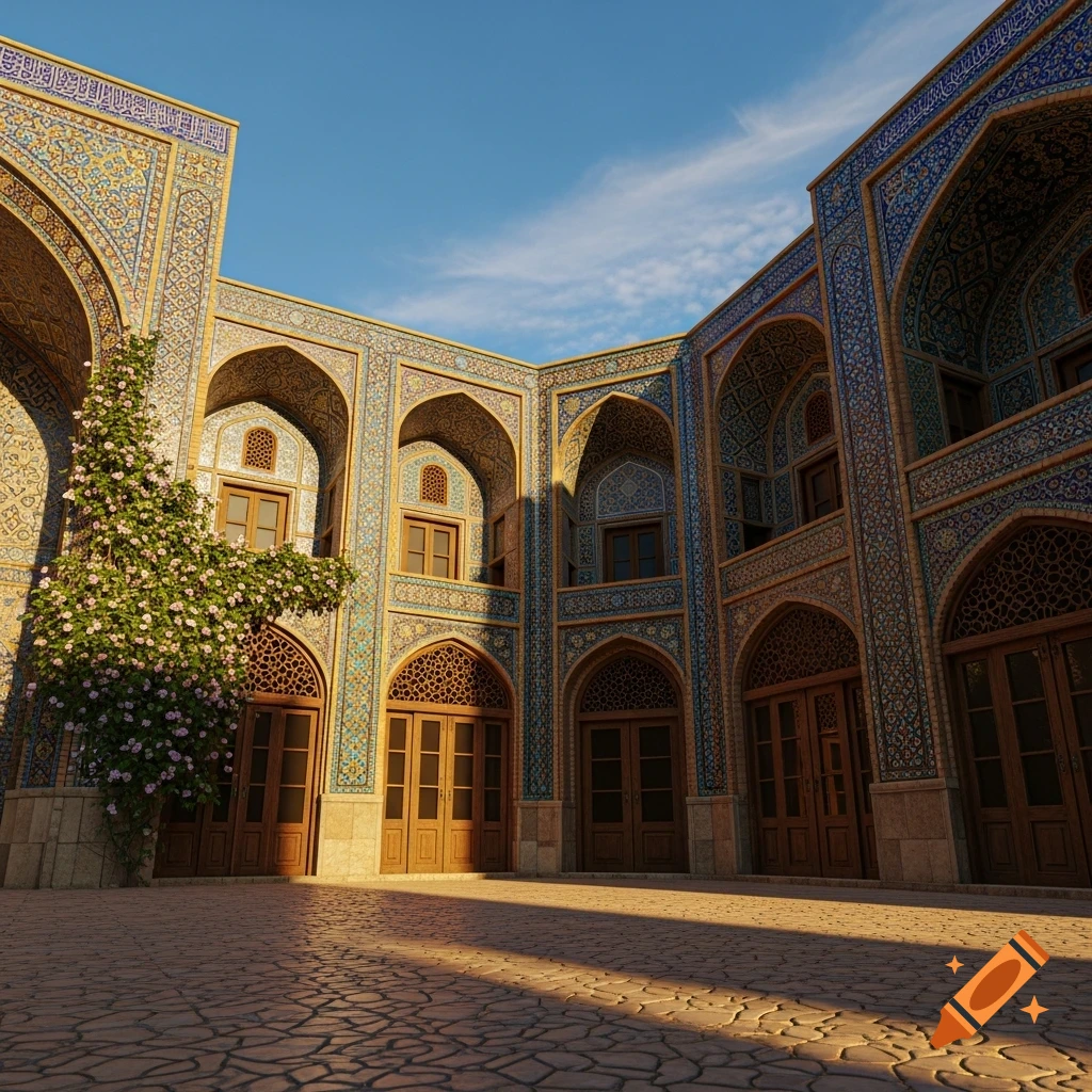 Ornate Middle Eastern courtyard with intricate blue and gold tilework, arches, wooden doors, climbing flowers, and sunlit paving.