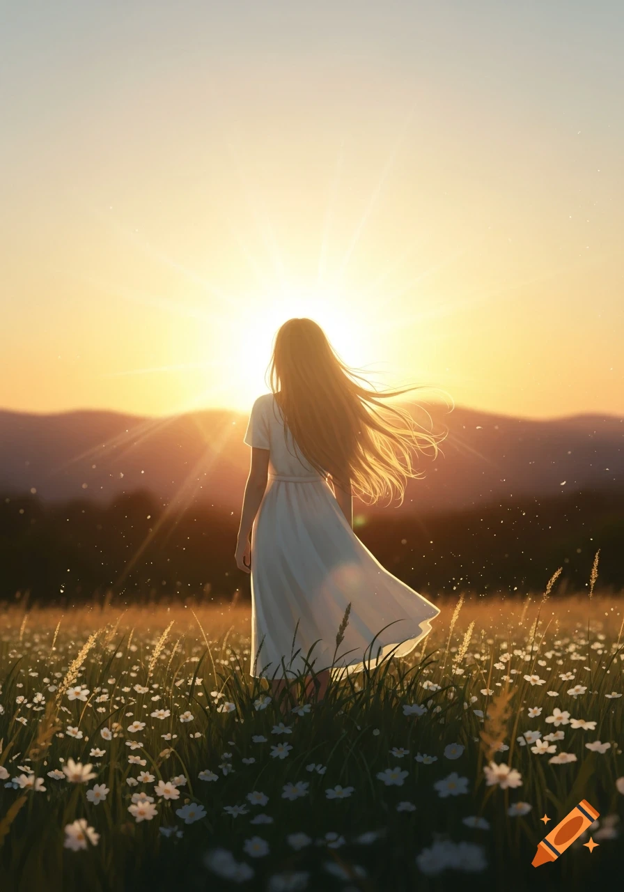 A woman with long flowing hair stands in a field of white flowers, facing a vibrant sunset over mountains.