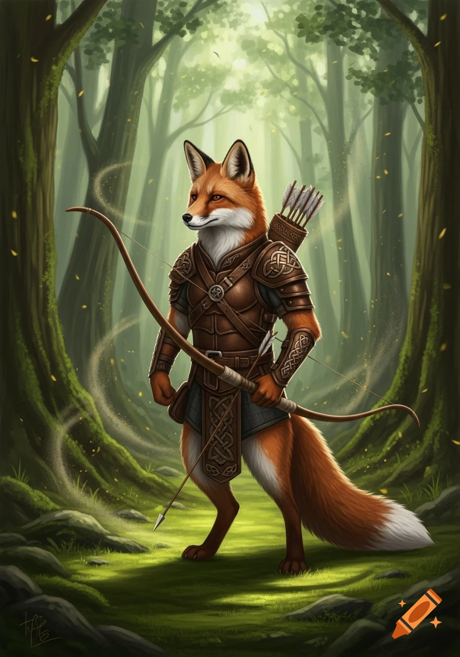 An anthropomorphic fox archer in detailed brown leather armor stands in a sun-dappled fantasy forest, holding a bow.