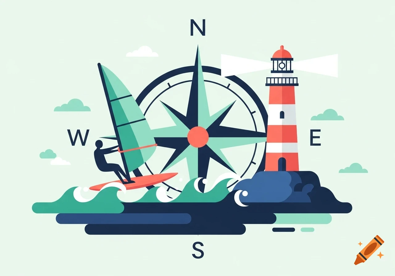 A stylized illustration featuring a windsurfer, a lighthouse, and a compass rose with cardinal directions N, W, E, S.