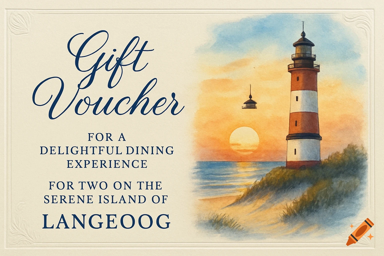 A watercolor gift voucher for a dining experience on Langeoog, featuring a red and white lighthouse on a beach at sunset.