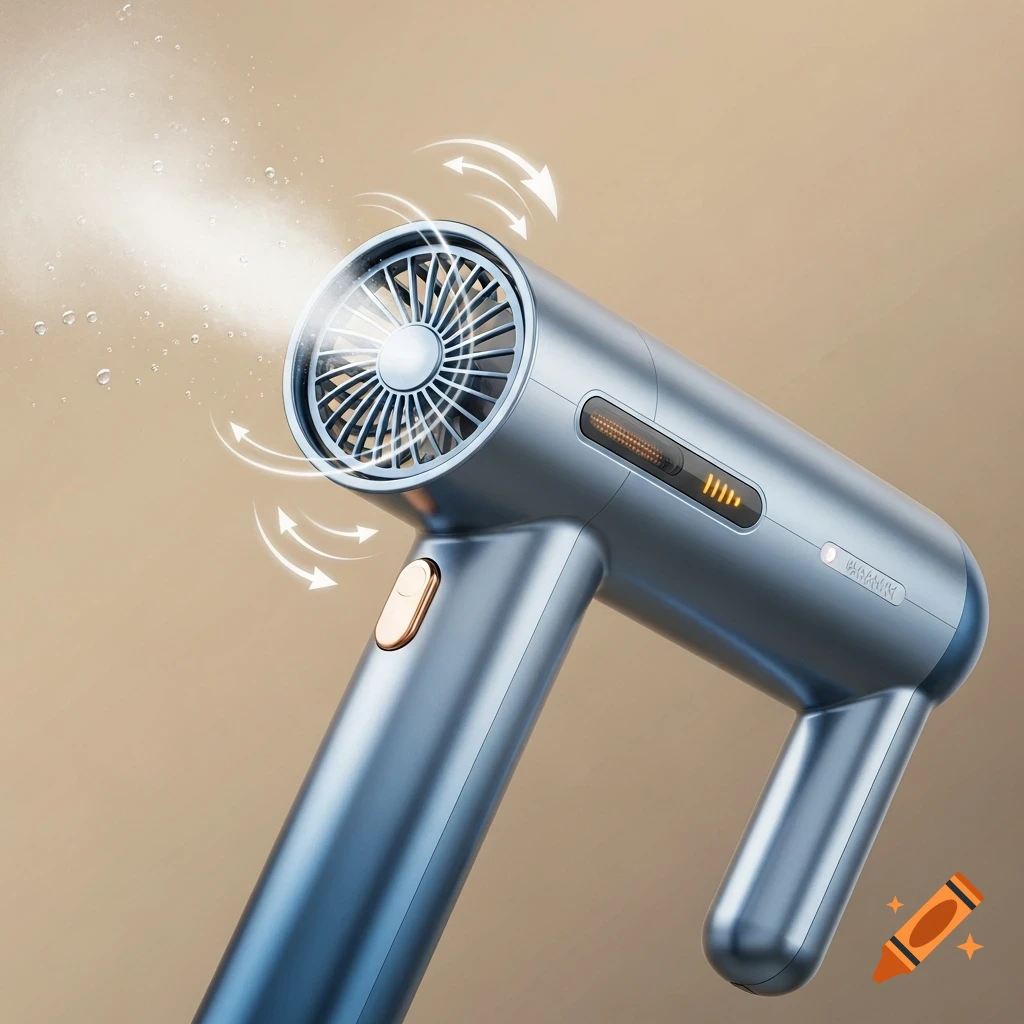 A sleek blue handheld device, possibly a mist sprayer or hair dryer, emitting vapor with white airflow arrows on a beige background.