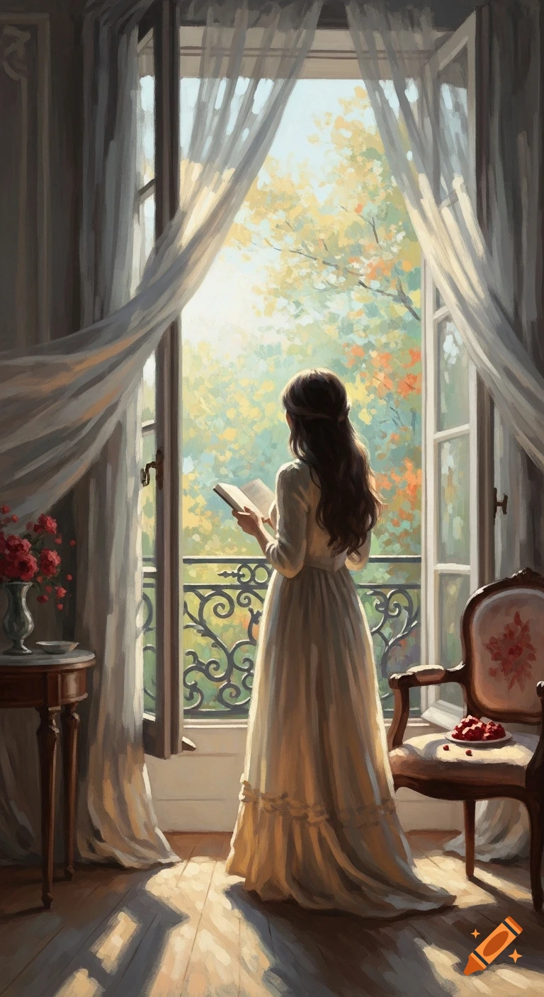 Impressionist painting of a woman in a pale dress reading by an open window, looking out at a sunlit autumn landscape.
