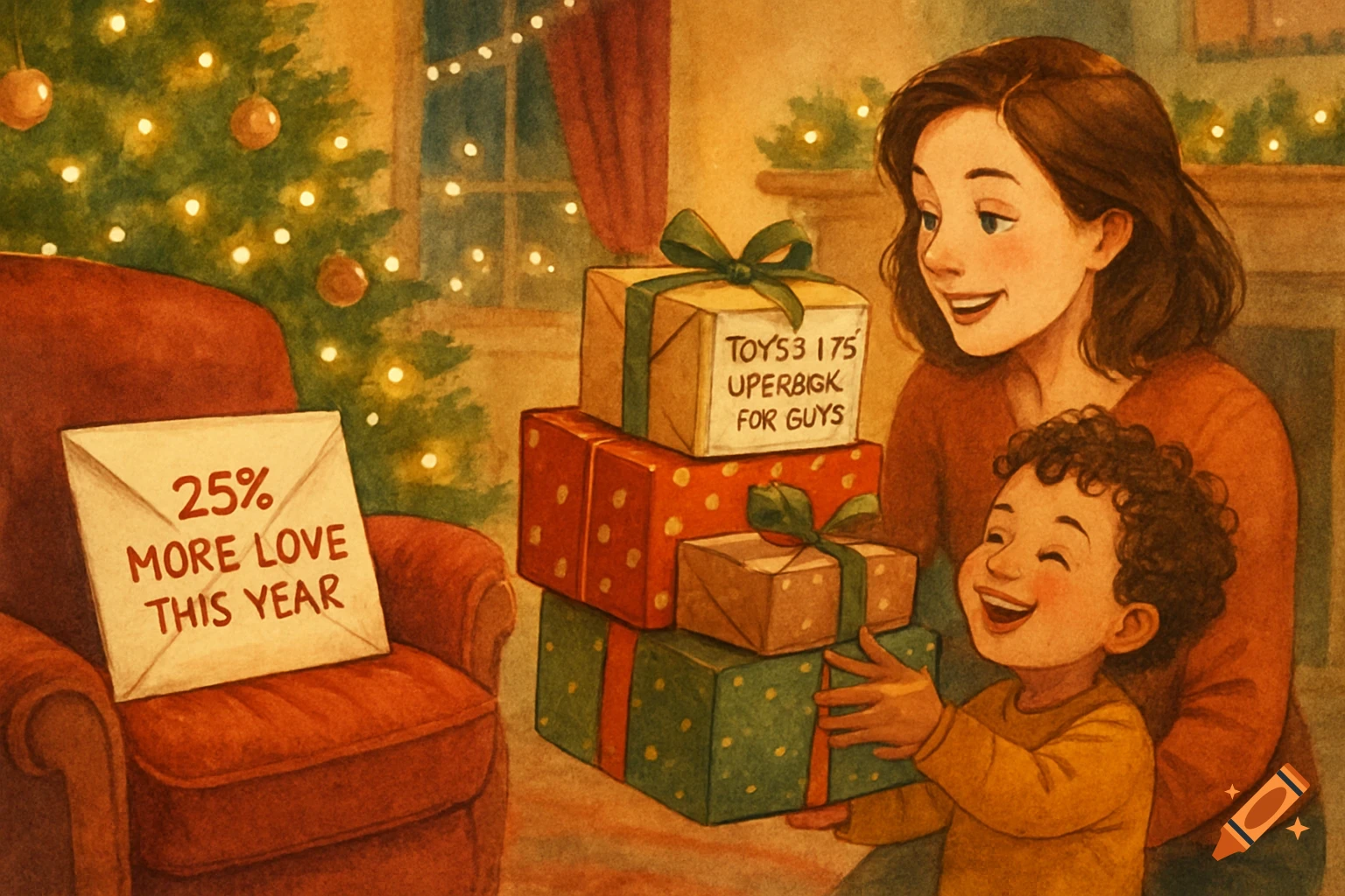 A heartwarming watercolor illustration of a mother and her young son with Christmas presents under a decorated tree. An envelope on a chair reads "25% MORE LOVE THIS YEAR".