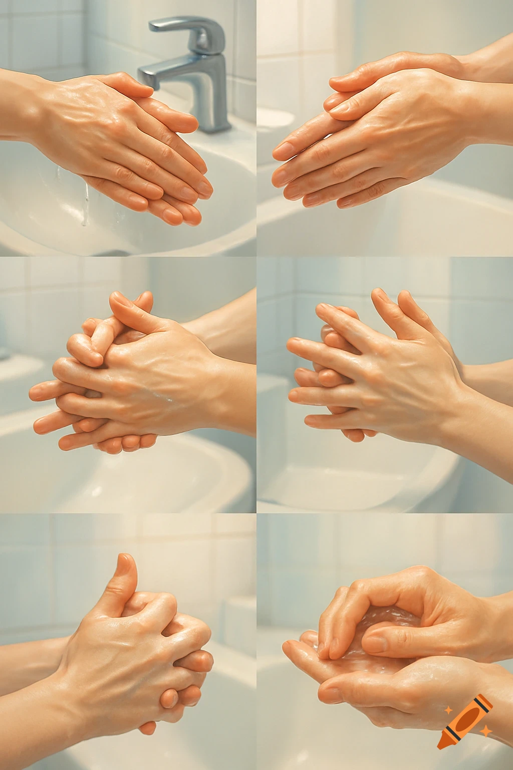 A six-panel step-by-step guide illustrating proper handwashing techniques in a bathroom sink.