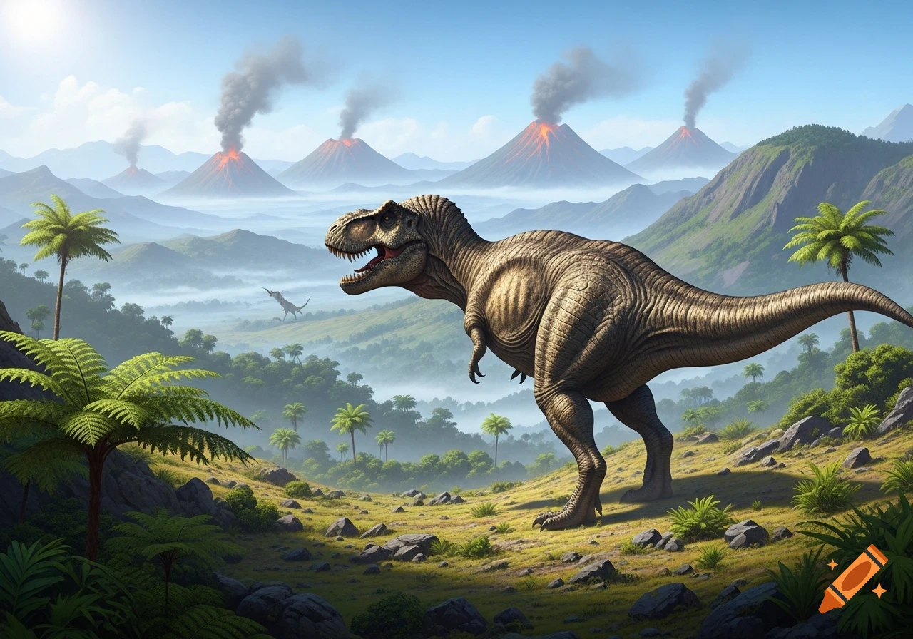 A giant T-Rex stands in a lush prehistoric valley with active volcanoes spewing smoke in the misty background.