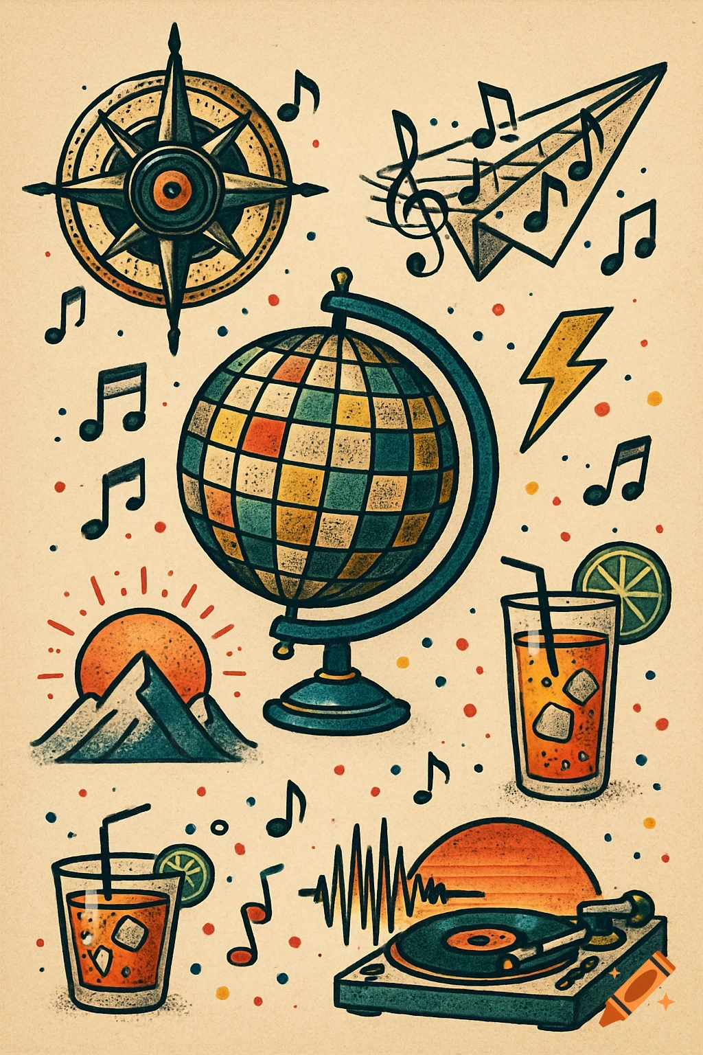 Vintage tattoo style illustration featuring a compass, globe, musical notes, cocktails, mountains, and a turntable.
