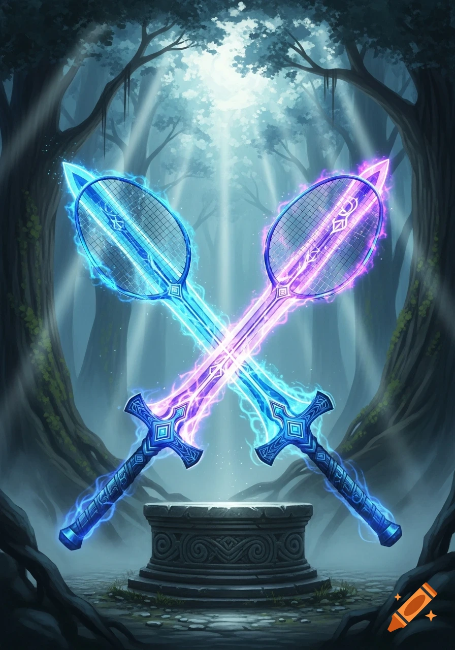 Two glowing blue and purple sword-like badminton rackets crossed over a stone pedestal in a mystical, sun-dappled forest.