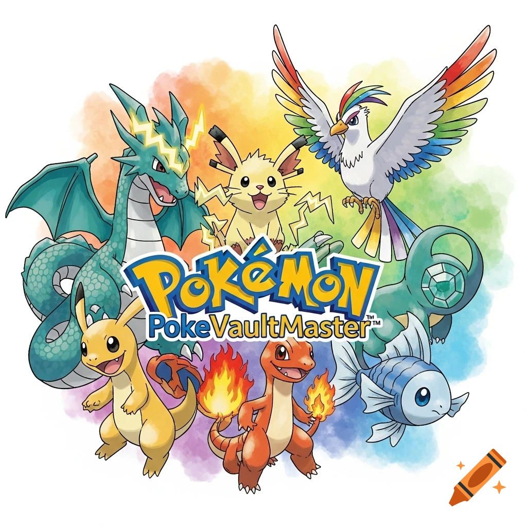 Cartoon image of various colorful Pokémon-like creatures surrounding a 'Pokémon PokeVaultMaster' logo on a vibrant rainbow watercolor background.