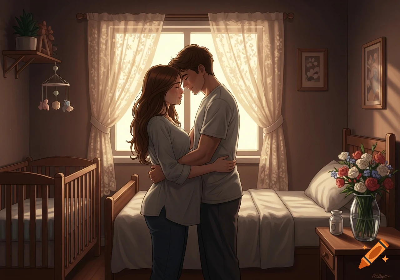 An illustrated couple embraces in a softly lit bedroom with a baby crib ...