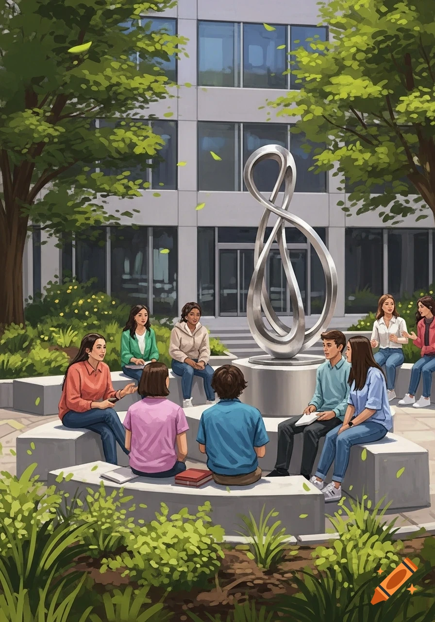 An illustration of diverse students sitting and conversing in an outdoor campus courtyard with trees, a building, and an abstract sculpture.