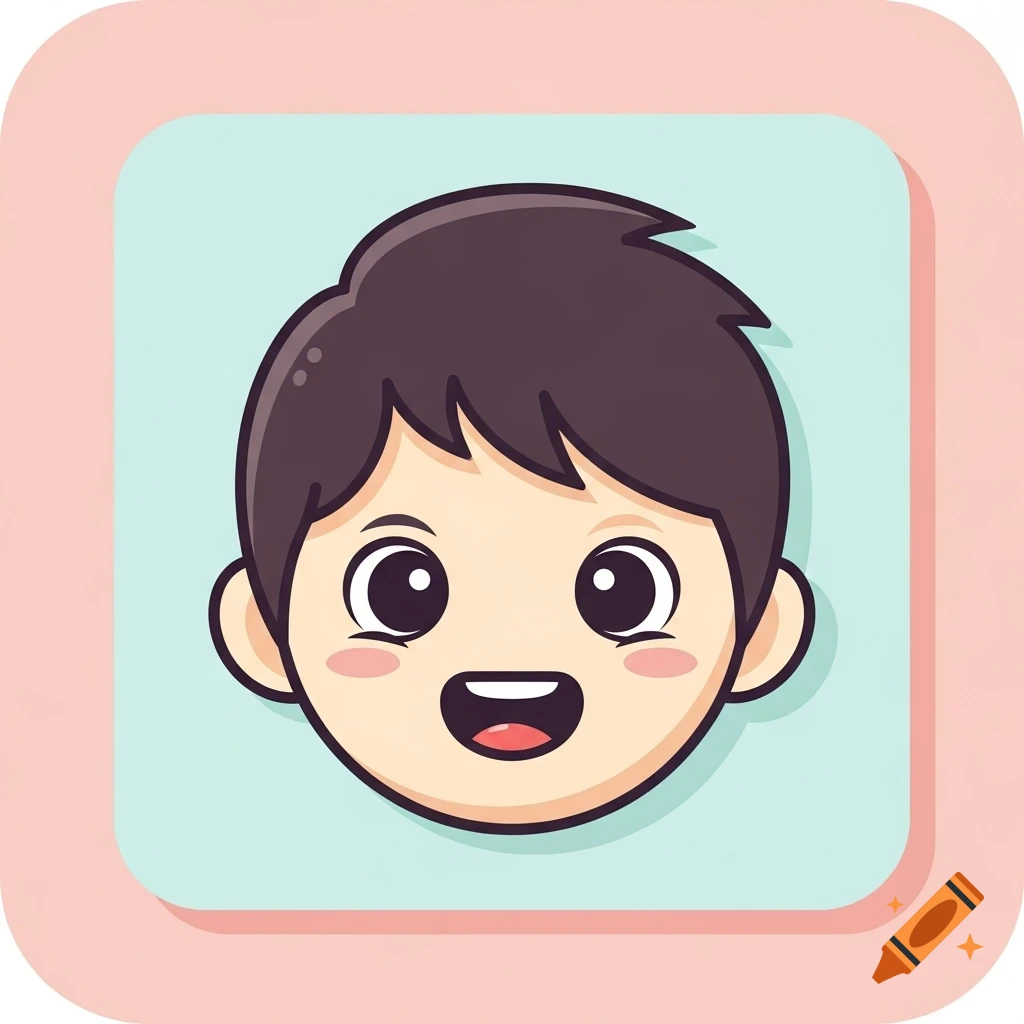 A friendly, front-facing cartoon avatar of a boy with black hair and big eyes, smiling against a pastel blue and pink square background.