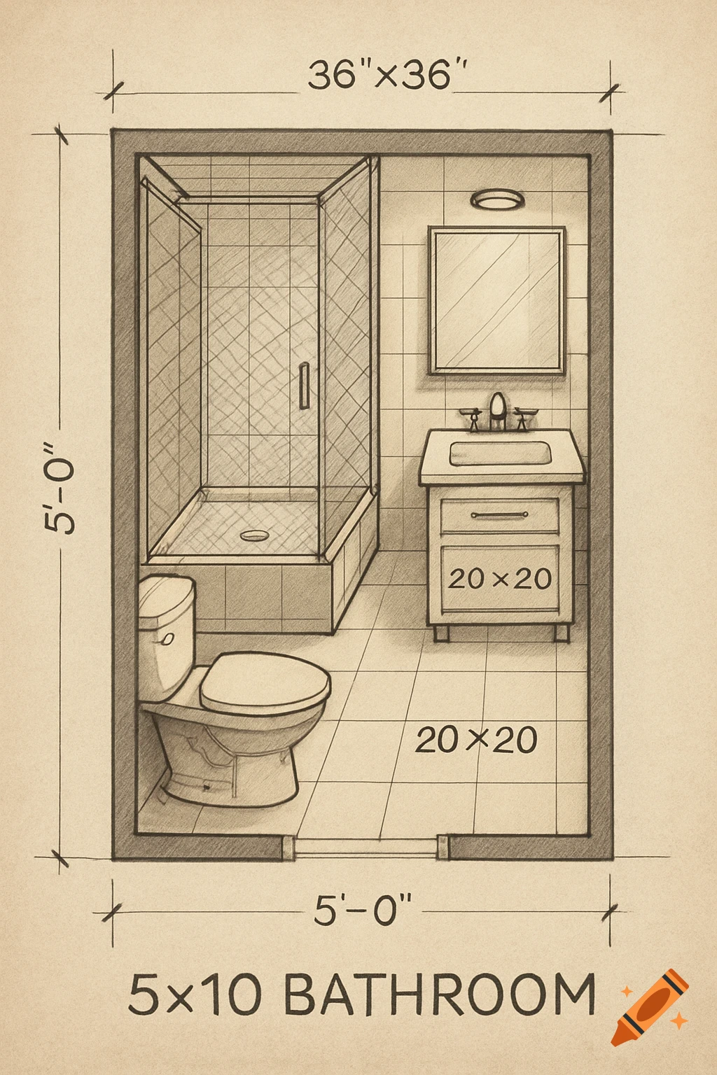 Blueprint drawing of a 5x10 bathroom layout with a shower, toilet, and vanity, indicating dimensions.