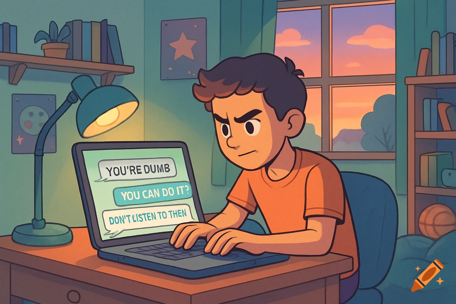A cartoon teen looks worried while typing on a laptop, showing chat bubbles with messages like 'YOU'RE DUMB' and 'DON'T LISTEN TO THEN' on the screen in his bedroom.