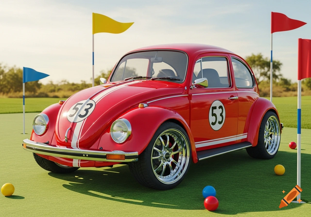 A red Volkswagen Beetle, Herbie style with white racing stripes and number 53, on a green golf course with flags and golf balls. Photorealistic.