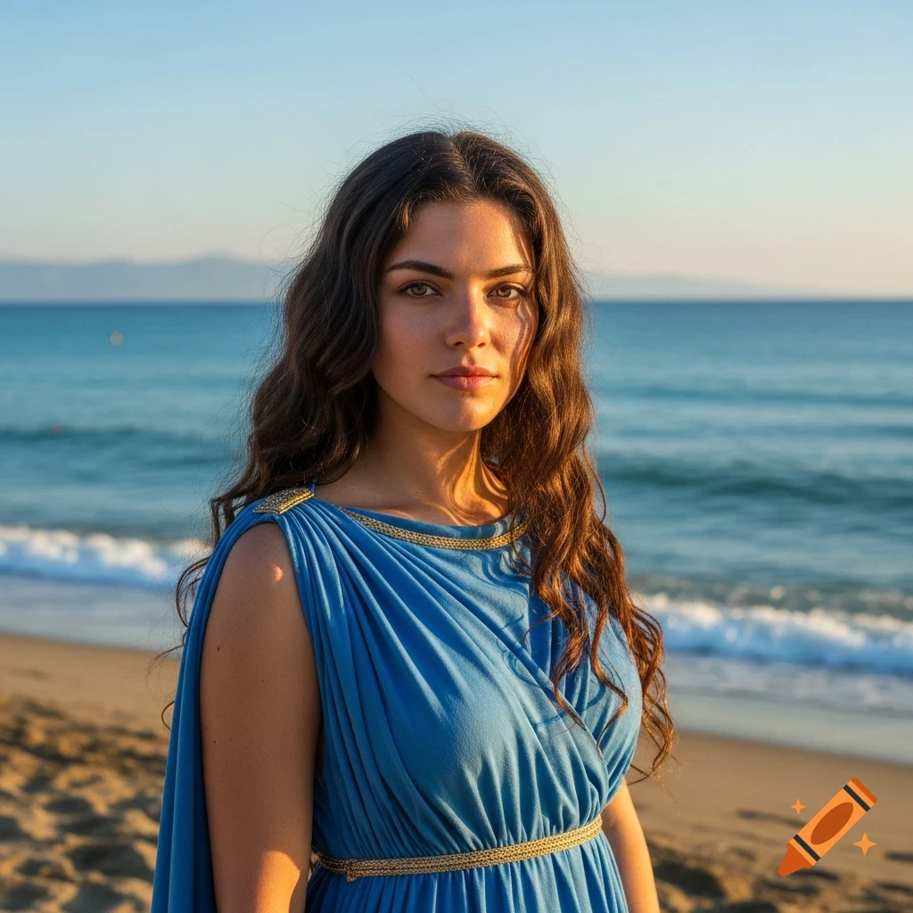 A photorealistic portrait of a young woman with long dark hair, wearing a blue Ancient Greek dress, standing on a beach.