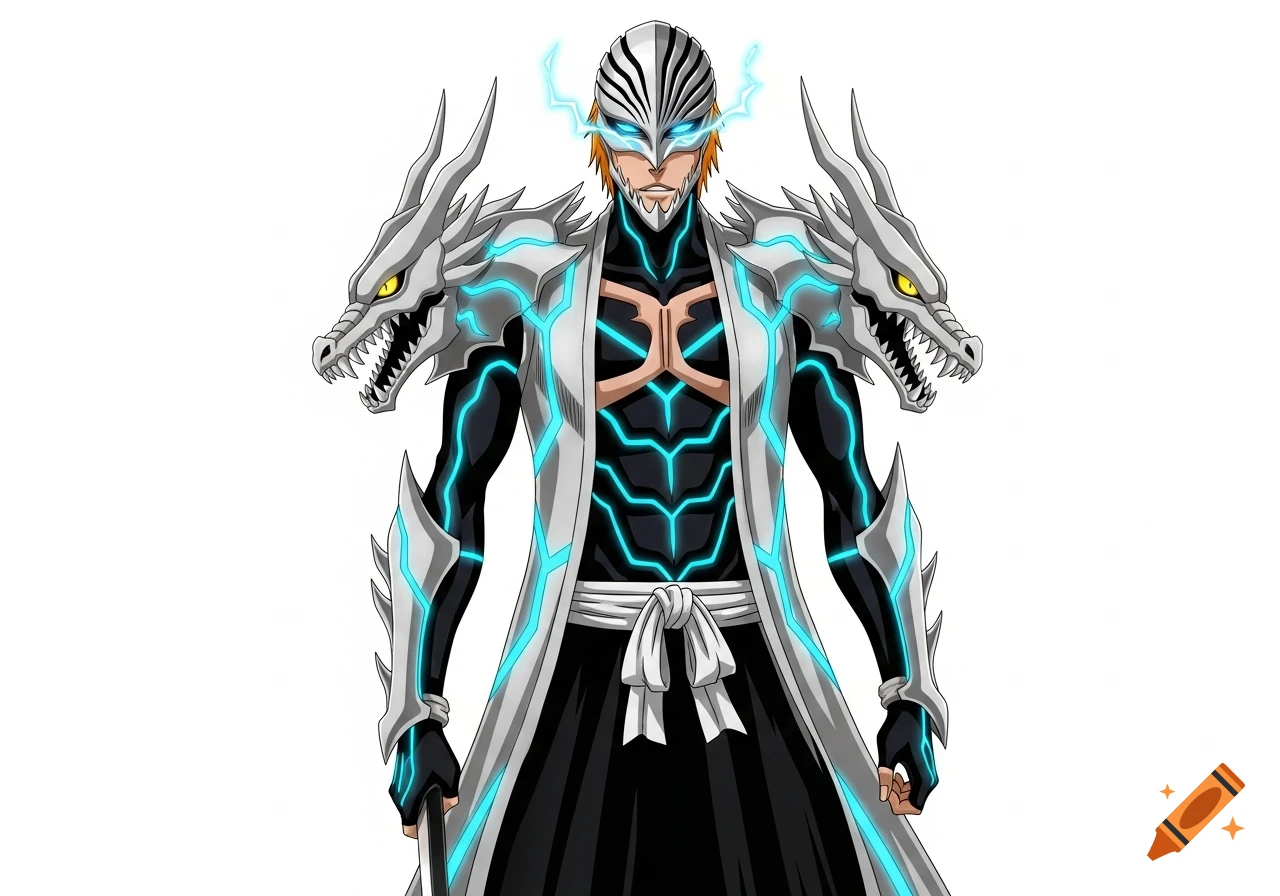 Anime illustration of a male warrior in black and silver armor with glowing blue lines, dragon shoulder pads, and a mask.