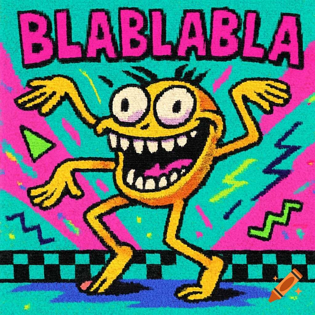 A chaotic, yellow cartoon creature made of the word 'BLABLABLA' dances with an unhinged smile against a neon 90s background.
