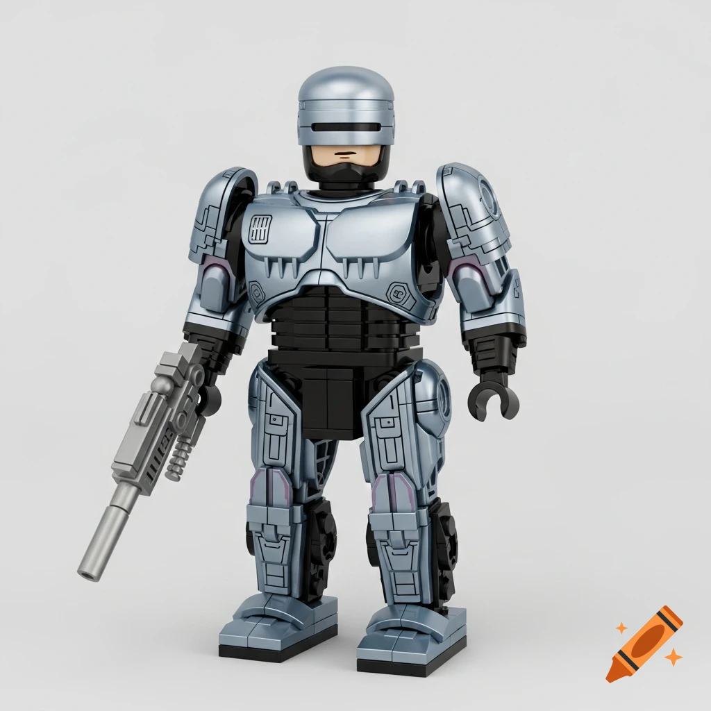 A detailed Lego Robocop figure in metallic gray and black, holding a silver gun, against a plain white background.