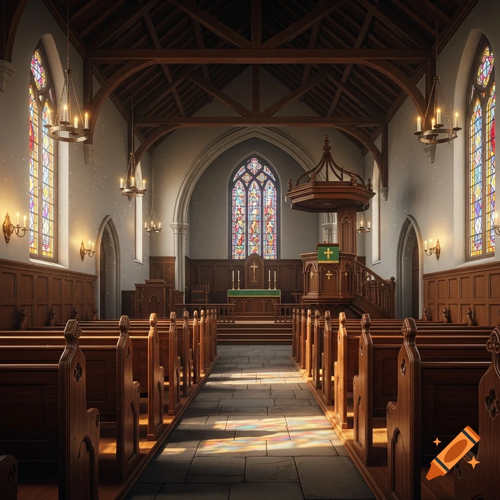 Interior view of an old 19th-century village Methodist church with wooden pews, stained glass windows, and light streaming in.