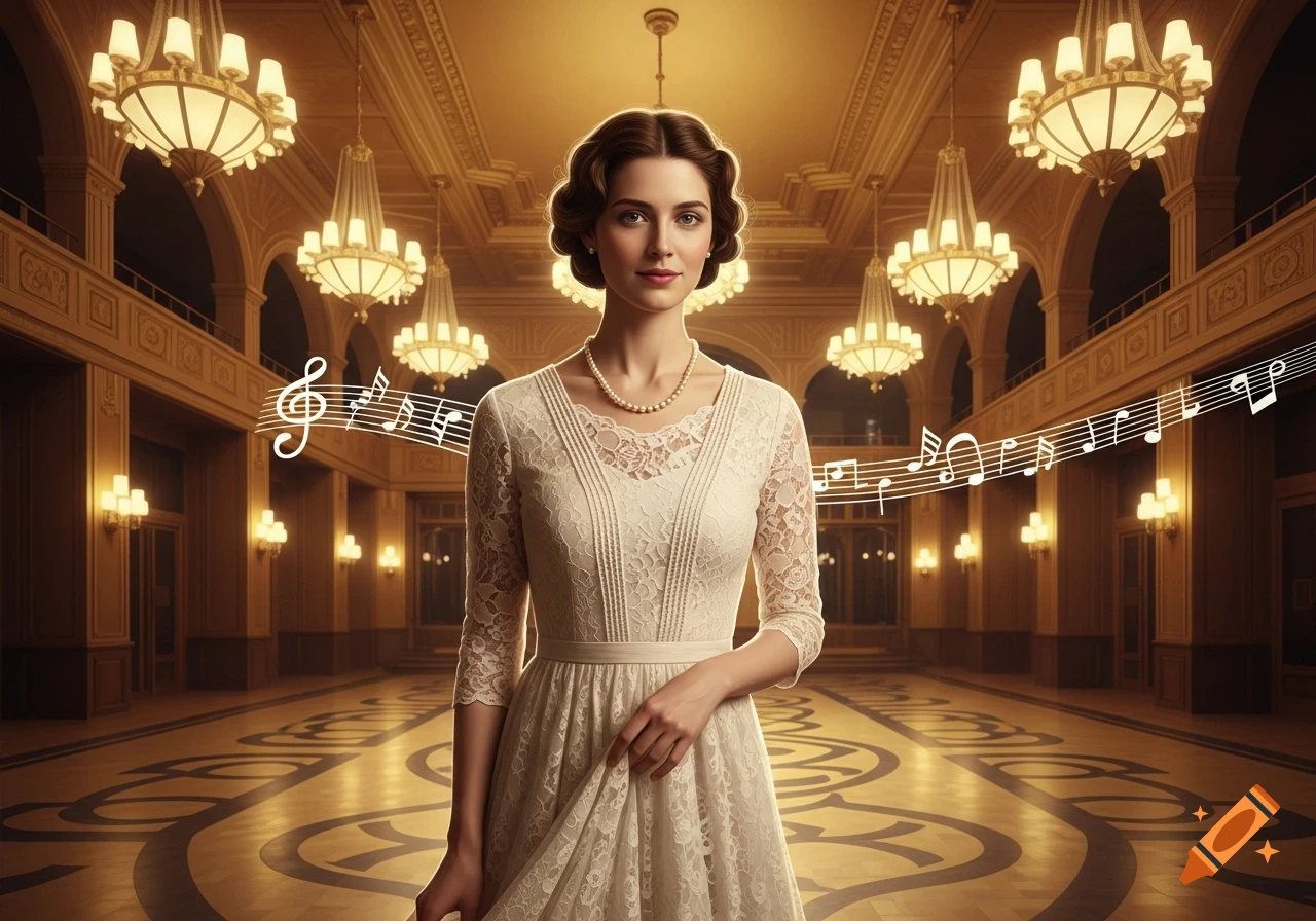 A woman in an elegant white lace dress with a pearl necklace stands centered in a grand, gold ballroom with chandeliers and floating musical notes.