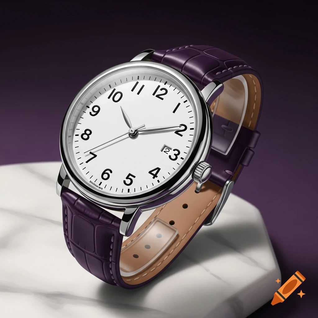 A silver analog watch with a white dial, black numbers, and a dark purple leather strap sits on a white marble surface with a purple background.