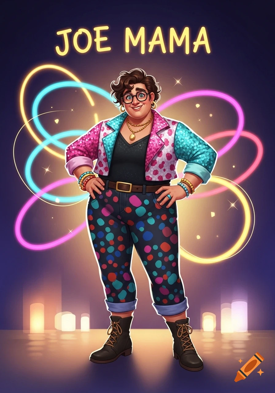 A stylized cartoon character named Joe Mama, wearing a colorful, patterned outfit, stands against a neon light background.