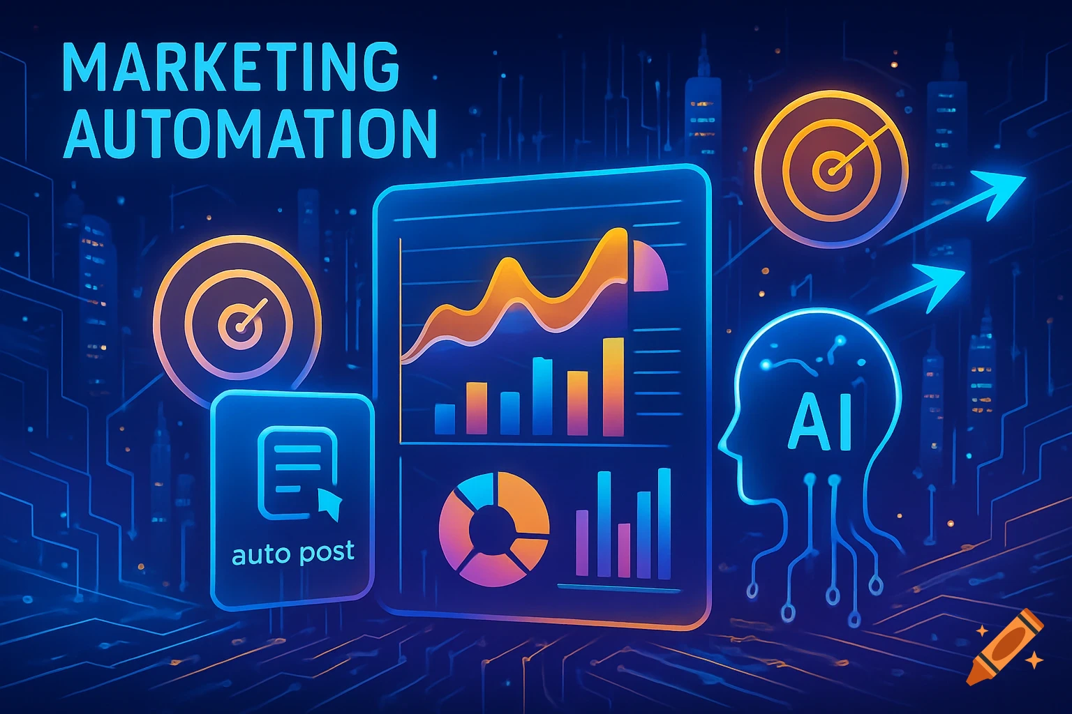 Digital illustration of marketing automation with text, data charts, and AI elements in glowing blue and orange on a dark background.