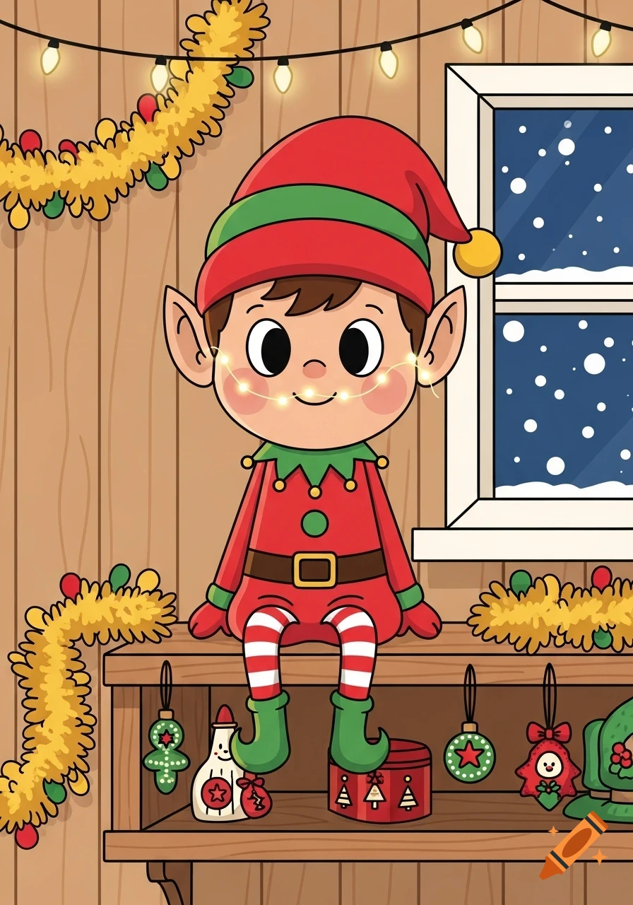 A cartoon elf in a red and green costume sits on a wooden shelf decorated with Christmas lights and ornaments, with a snowy window behind it.