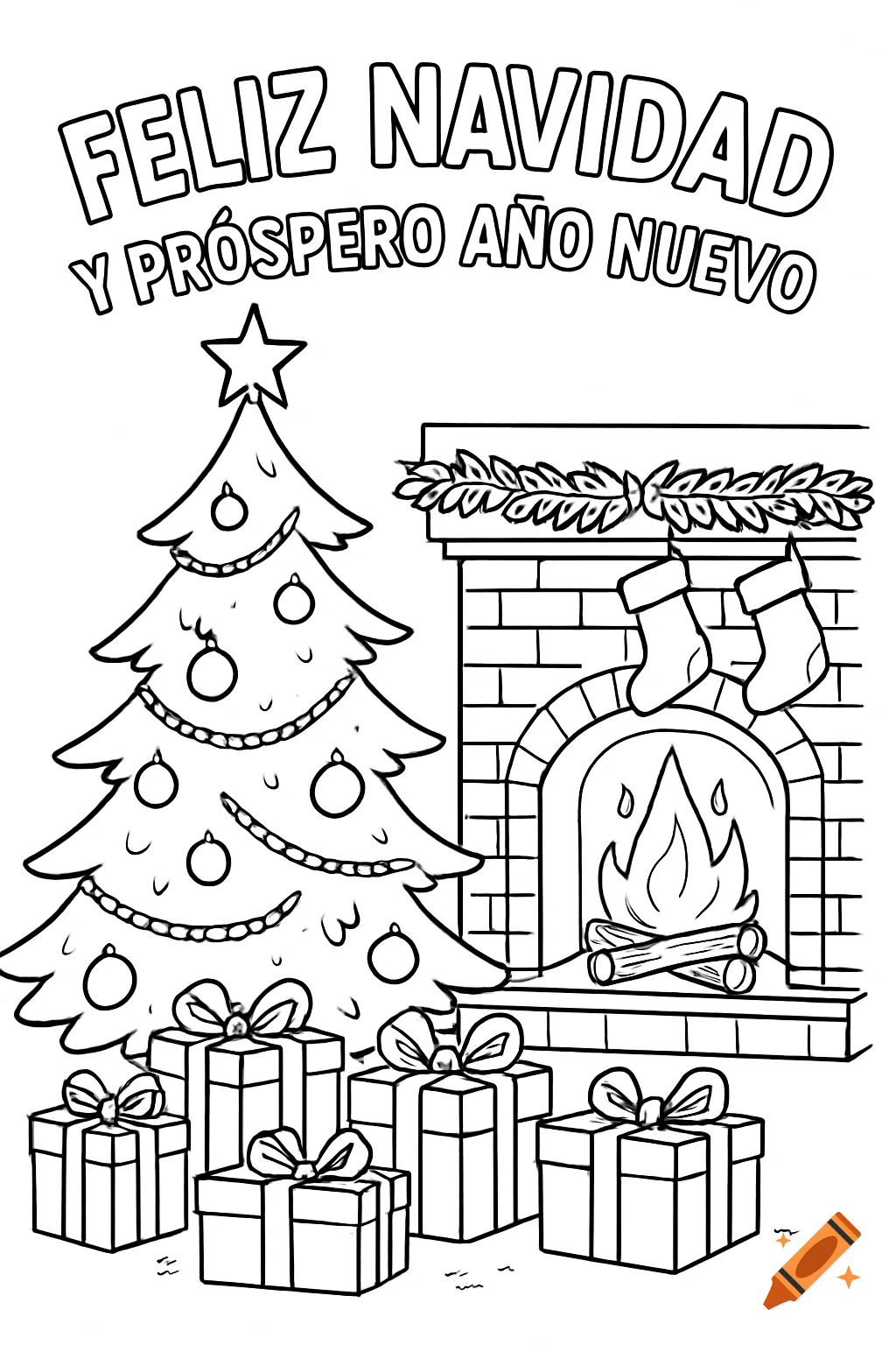 A black and white coloring page featuring a Christmas tree with presents and a fireplace with stockings, with "Feliz Navidad y Próspero Año Nuevo" text.