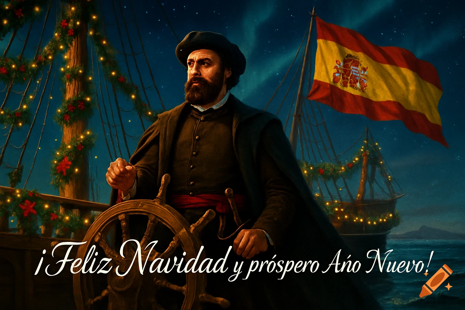 Explorer Juan Sebasti 00e1n Elcano at the helm of a Christmas-decorated ship with a Spanish flag and ' 00a1Feliz Navidad!' text.