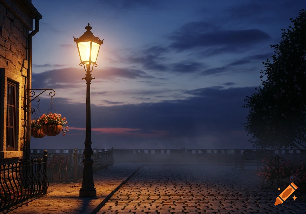 A glowing street lamp illuminates a cobblestone path beside a building with hanging flower baskets at dusk.