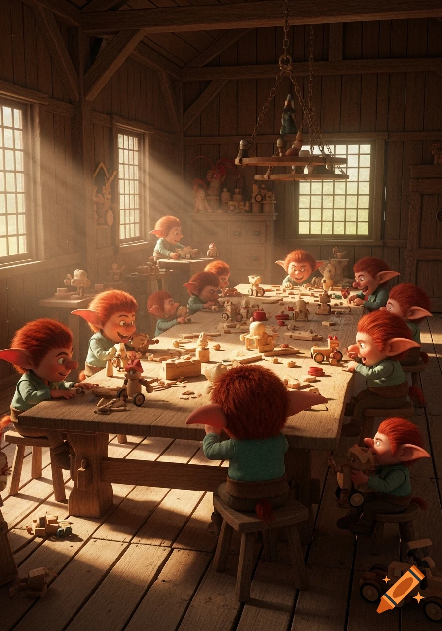 Numerous red-haired goblins with large ears craft wooden toys at a long table in a sunlit, rustic workshop.