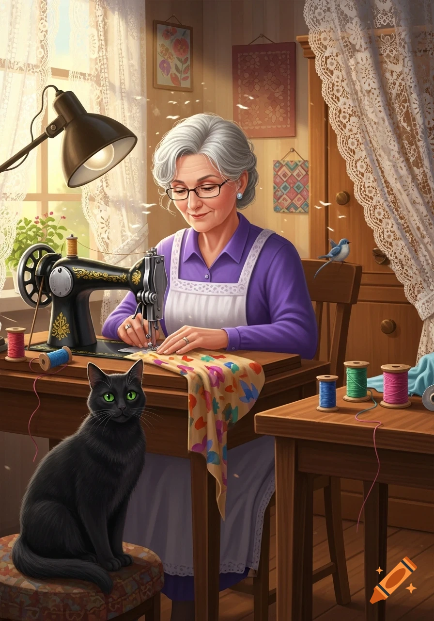A grey-haired woman sews on a vintage machine, looking down at colorful fabric. A black cat with green eyes sits beside her.