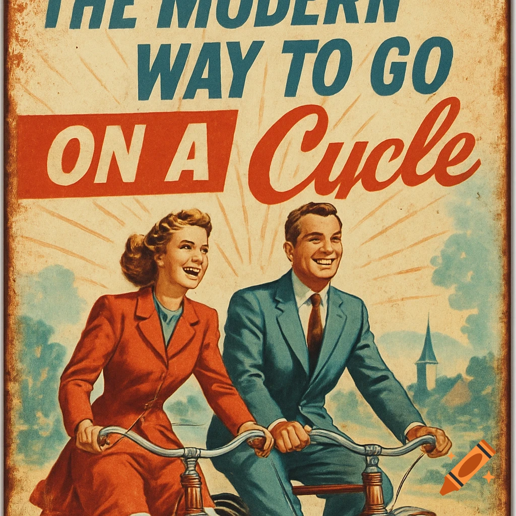 Vintage 1950s style ad with a smiling man and woman riding bicycles. Text: 'The Modern Way To Go \u2013 On A Cycle.' Weathered texture.
