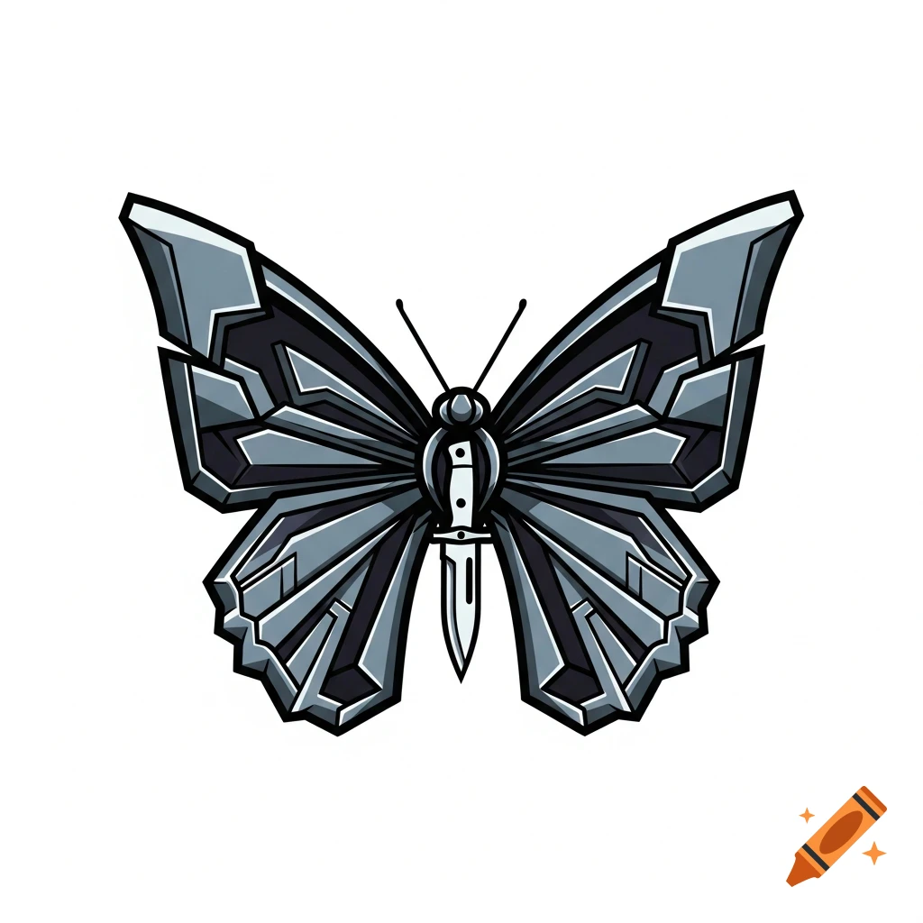 A stylized tactical butterfly with metallic grey and black angular wings, with a knife forming its body, set against a white background.