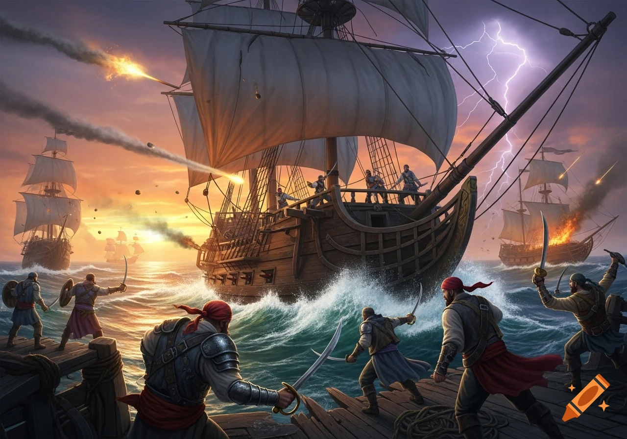 A dramatic pirate battle unfolds at sunset with ships firing cannons, one ablaze, and sword-wielding pirates in the foreground.