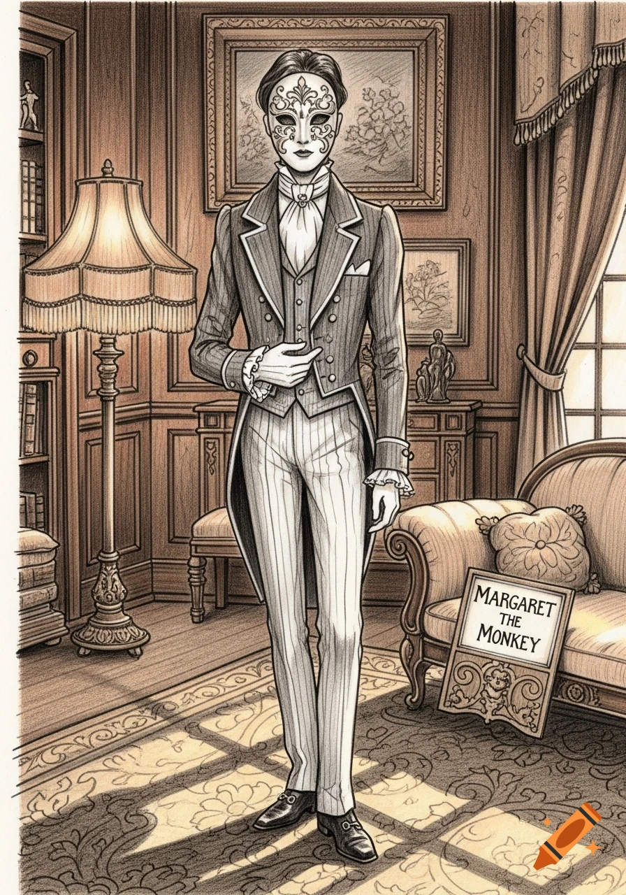 Drawing of a person in an elaborate porcelain mask and old-fashioned formal wear in an ornate room, a sign reads 'MARGARET THE MONKEY'.