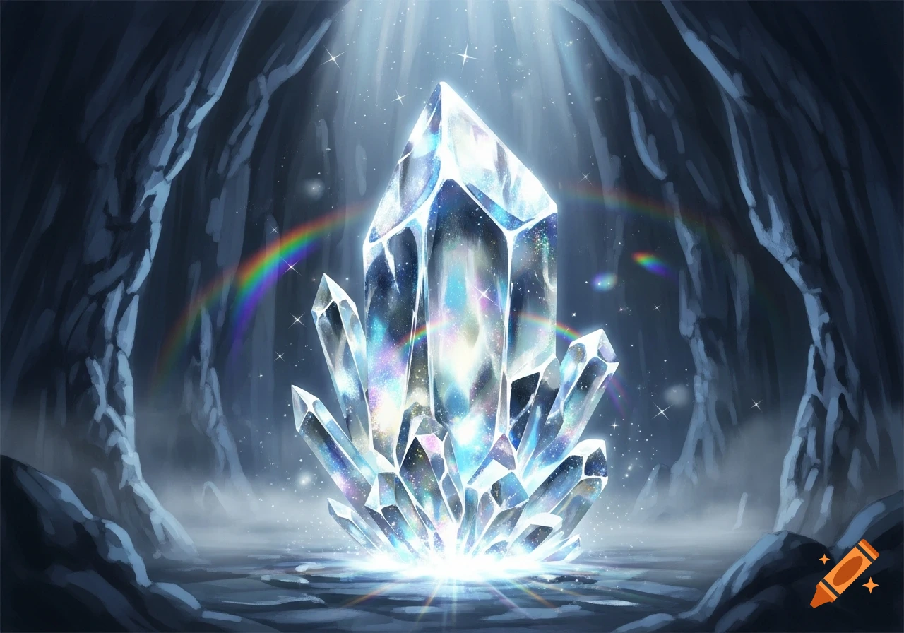 A large, glowing crystal formation with a rainbow reflection inside a dark cave, illuminated by a beam of light.