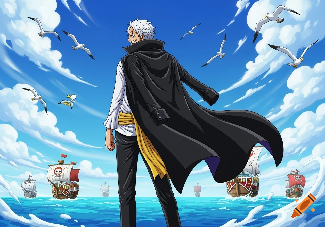 Anime man with white hair and black coat looks back at a blue ocean with pirate ships and seagulls under a cloudy sky.