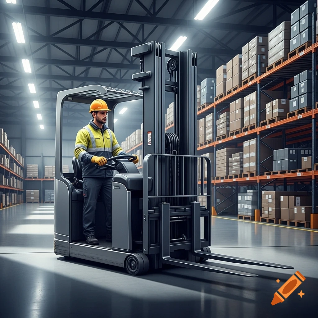 A male worker in a hard hat and high-visibility jacket operates a forklift in a large, well-lit warehouse filled with shelves of boxes.