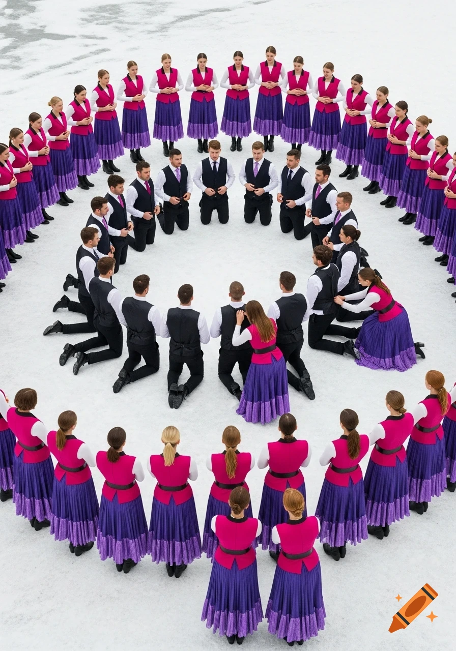 An aerial view of a large group of people forming a heart shape on a white surface. Women in fuchsia vests and purple skirts stand in the outer circle, while men in black vests kneel in the inner part, one being assisted by a woman.
