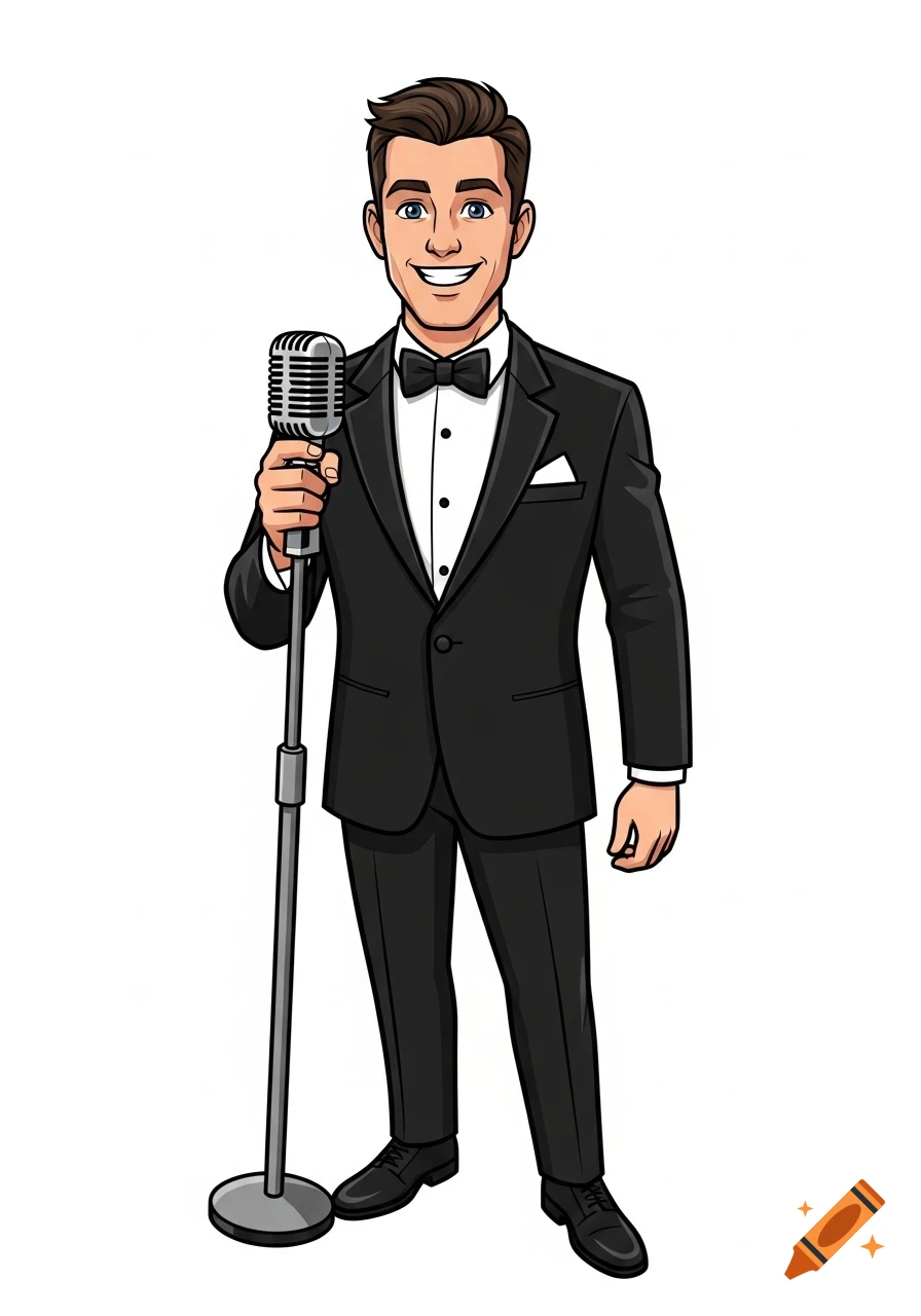 A smiling cartoon man in a black tuxedo and bow tie holds a vintage microphone.