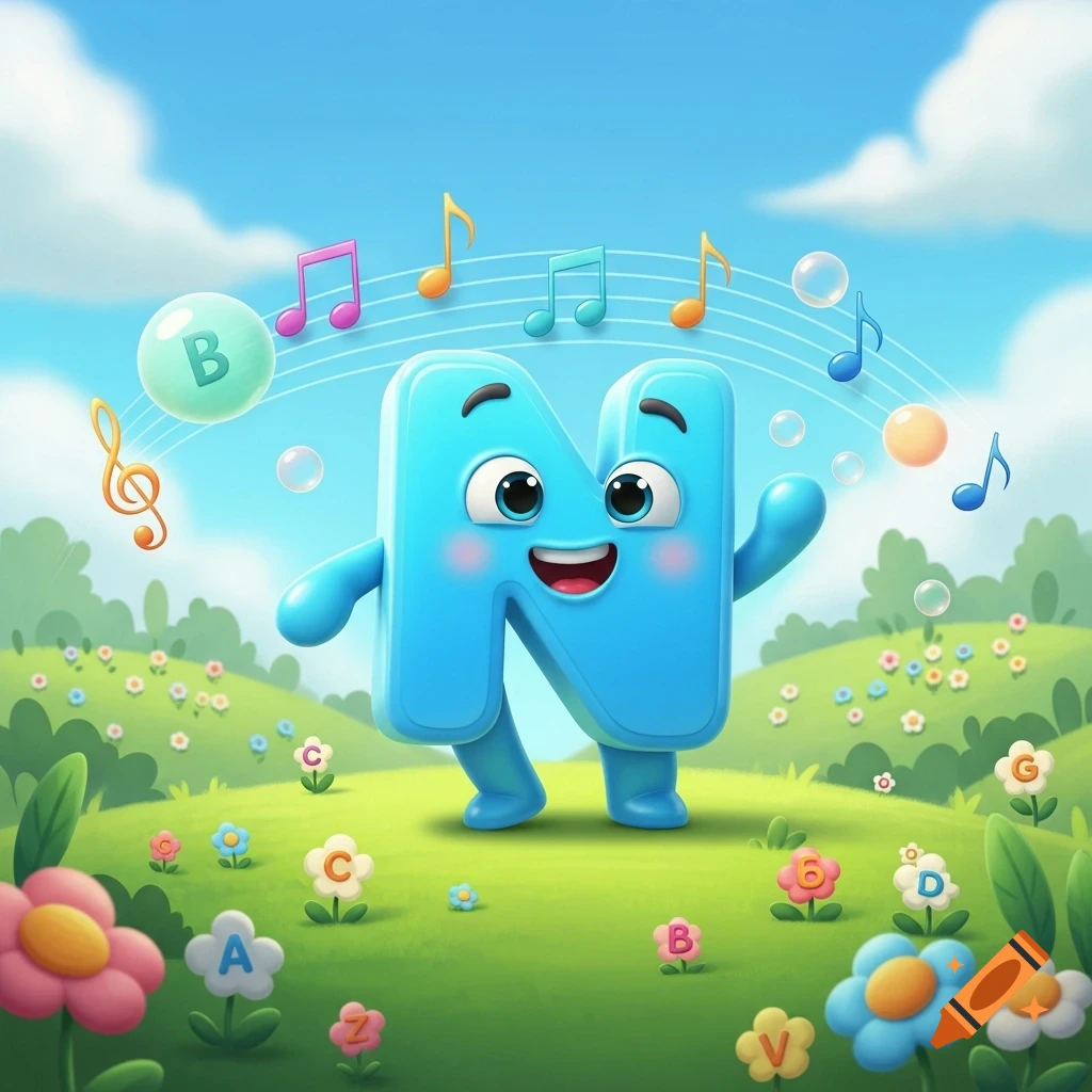 A cute, blue, cartoon letter 'N' character with arms and legs, smiling and waving, stands in a vibrant green field with colorful flowers and music notes under a blue sky.